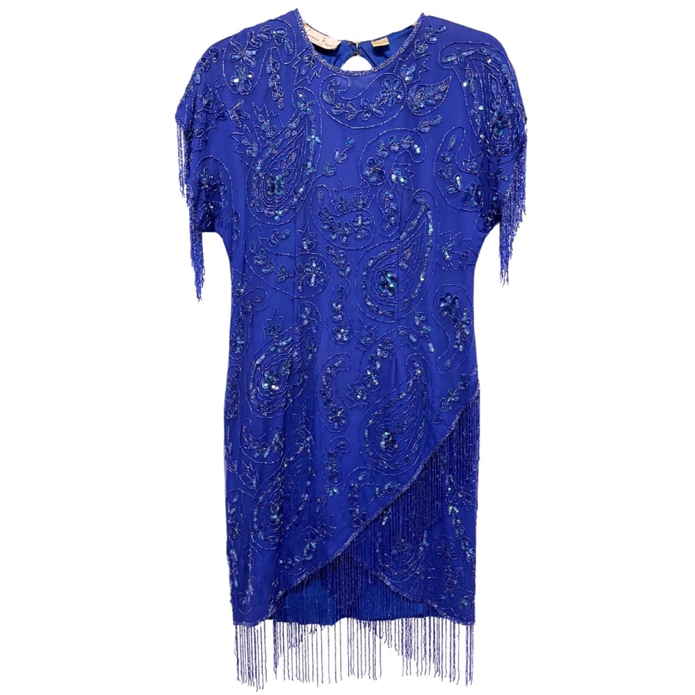 Vintage Silk Beaded Midi Cocktail Dress Large Flapper Gatsby Formal Unique Gown